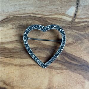 Vintage Sterling Silver Marcasite Open Heart Brooch Pin